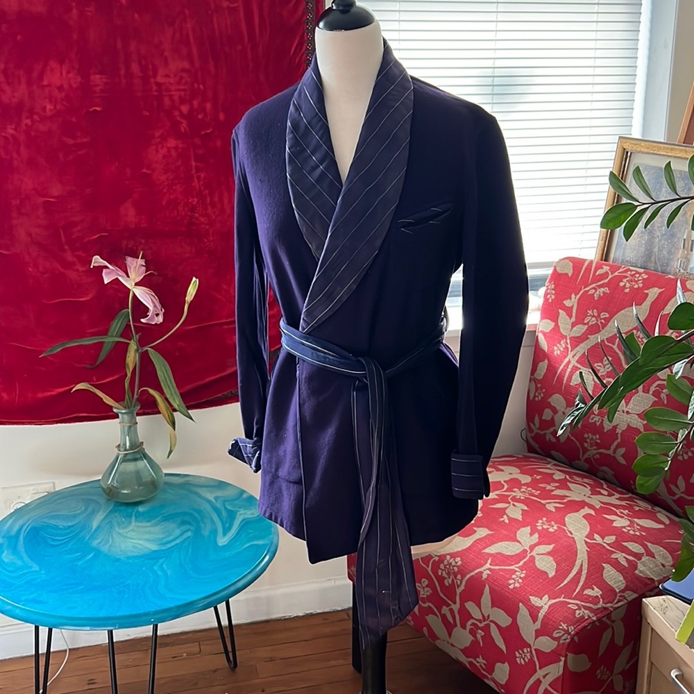 Vintage Smoking Jackets Men Navy Blue Wool Robe Dinner Coat